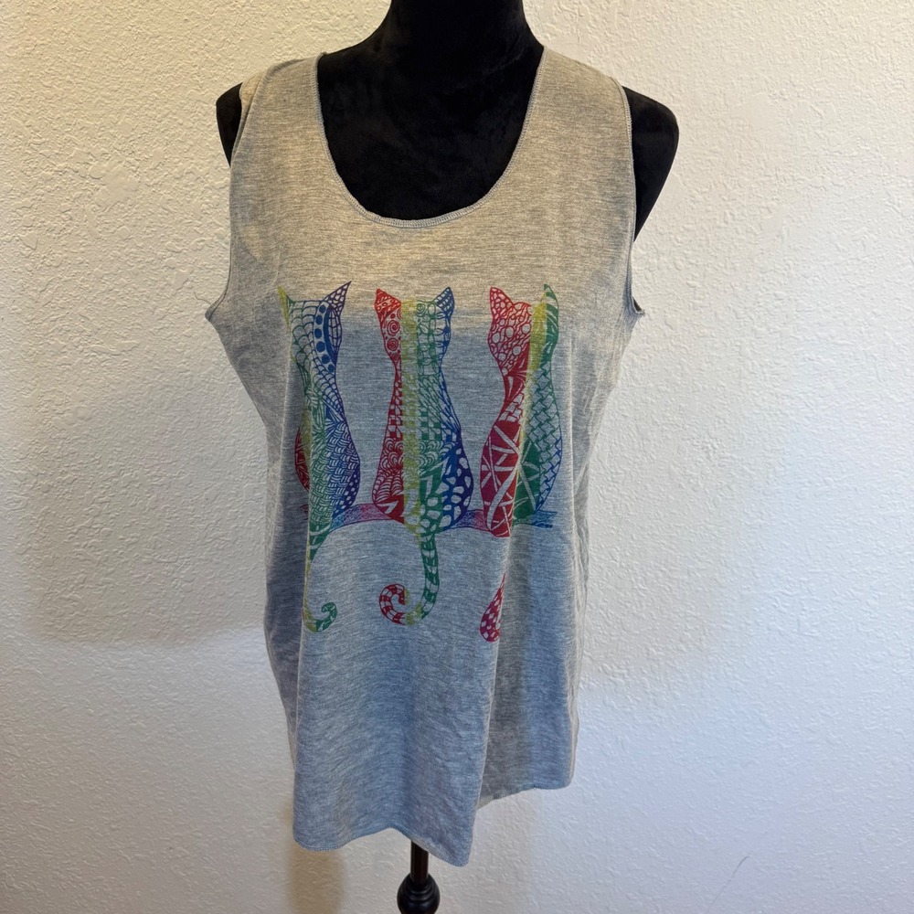 L.A. Soul Womens Gray Rainbow Cat Graphic Tank Top Sleeveless Scoop Neck 2XL